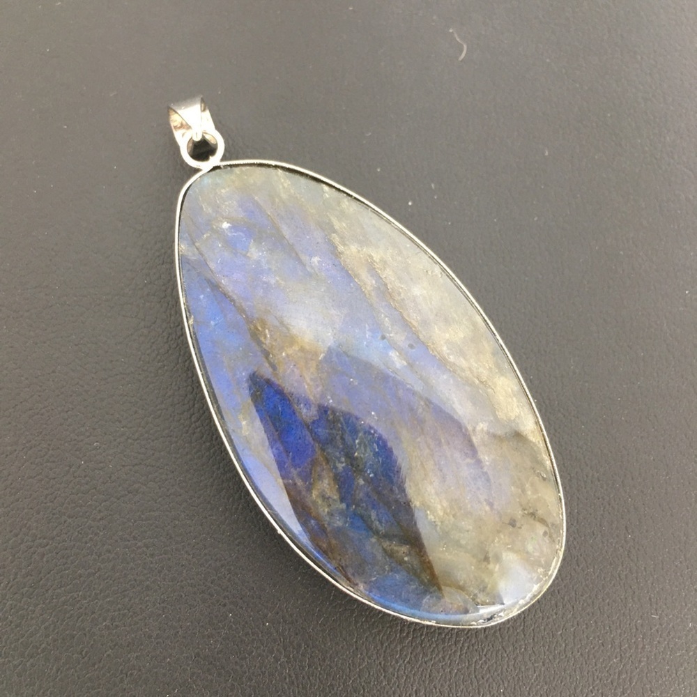 Labradorite Blue Green Flash Large Pendant Oval Natural Stone Silver Metal Wrap - Picture 3 of 14